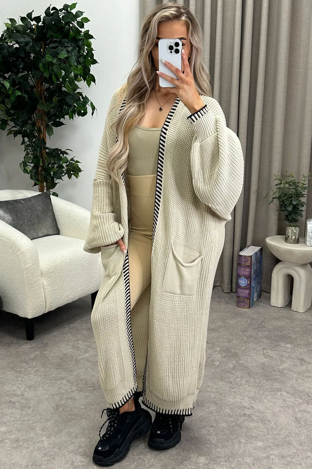 Rachelle Beige Contrast Trim Balloon Sleeve Maxi Knitted Cardigan