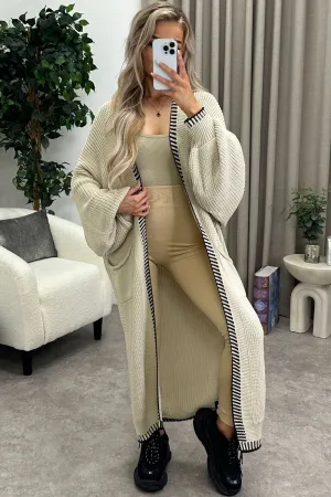 Rachelle Beige Contrast Trim Balloon Sleeve Maxi Knitted Cardigan