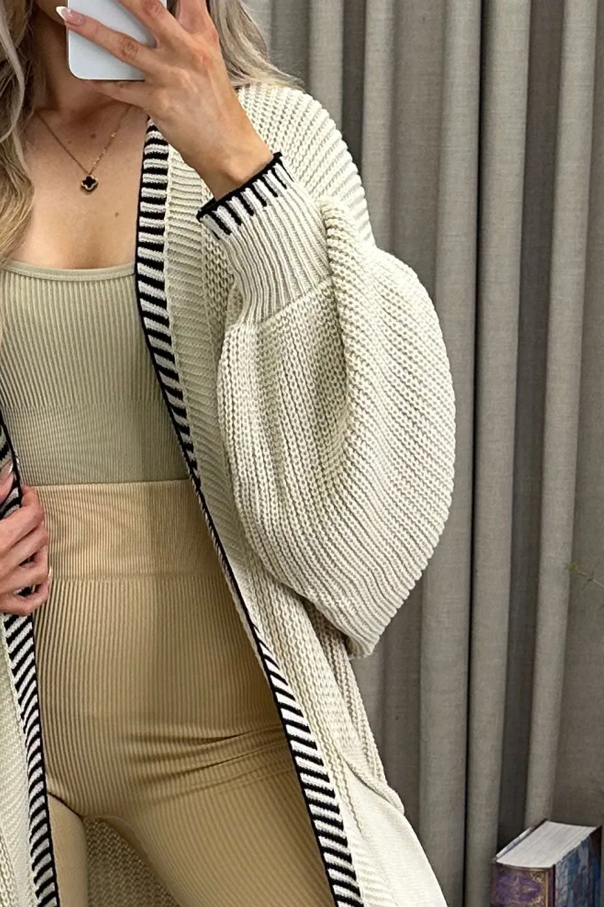 Rachelle Beige Contrast Trim Balloon Sleeve Maxi Knitted Cardigan