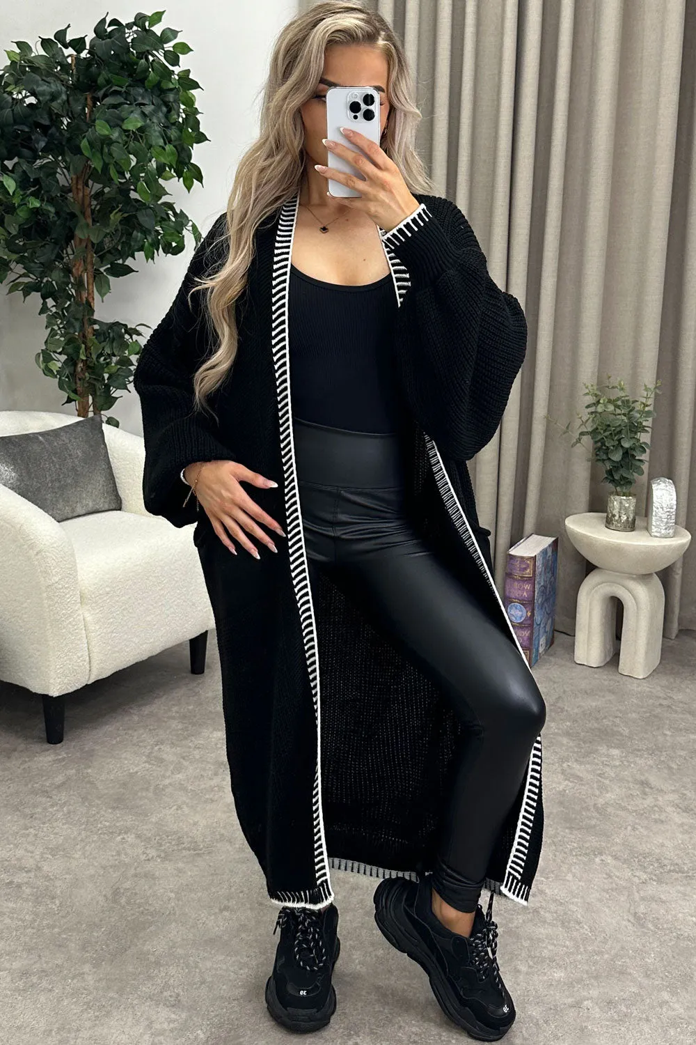 Rachelle Black Contrast Trim Balloon Sleeve Maxi Knitted Cardigan