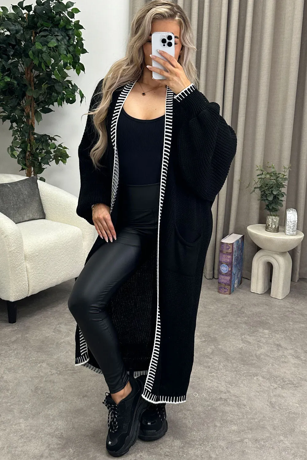 Rachelle Black Contrast Trim Balloon Sleeve Maxi Knitted Cardigan