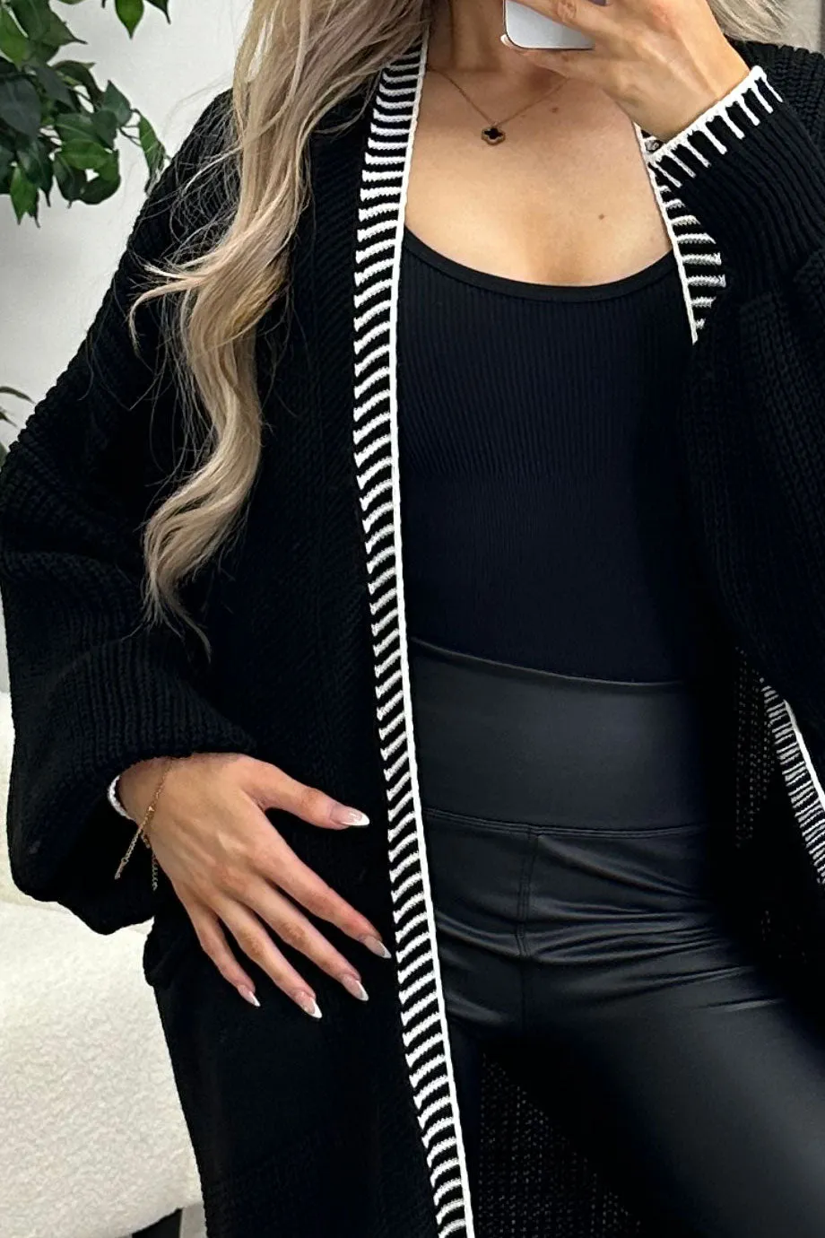 Rachelle Black Contrast Trim Balloon Sleeve Maxi Knitted Cardigan