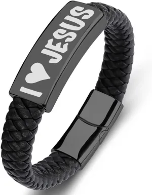 SHNIAN Black Woven Leather & Black Stainless Steel Friendship Cuffs Bracelets,Inspirational Motivational Bracelets Christian Prayer for Men and Teens - I You Jesus Wrist Strap, 6.5"/7.28"/7.87"
