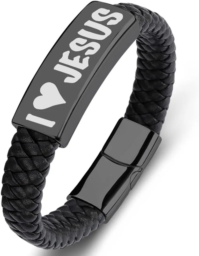 SHNIAN Black Woven Leather & Black Stainless Steel Friendship Cuffs Bracelets,Inspirational Motivational Bracelets Christian Prayer for Men and Teens - I You Jesus Wrist Strap, 6.5"/7.28"/7.87"