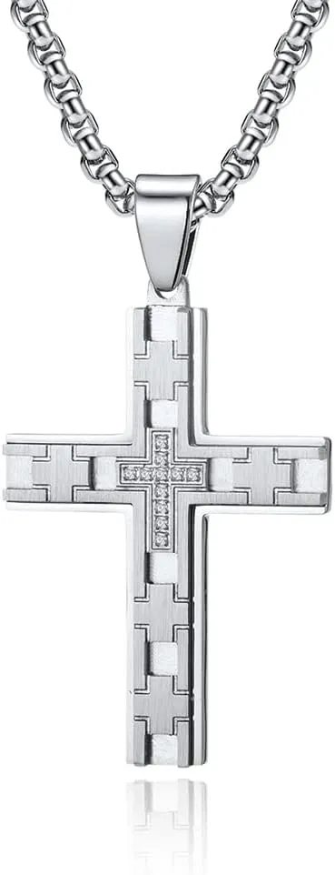 SHNIAN Double-Deck Stainless Steel Hammer Pattern Religious Charms Cross Pendant, Back Side with Customize Words or Logo - Necklace 24-30 inches
