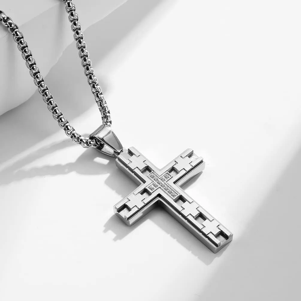 SHNIAN Double-Deck Stainless Steel Hammer Pattern Religious Charms Cross Pendant, Back Side with Customize Words or Logo - Necklace 24-30 inches