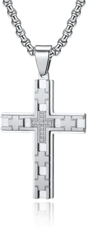 SHNIAN Double-Deck Stainless Steel Hammer Pattern Religious Charms Cross Pendant, Back Side with Customize Words or Logo - Necklace 24-30 inches