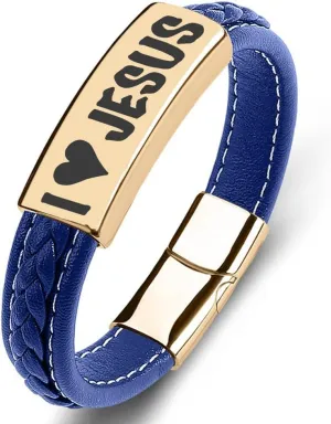 SHNIAN Woven Leather & Stainless Steel Friendship Cuffs Bracelets,Inspirational Motivational Bracelets Christian Prayer for Men and Teens - I You Jesus Wrist Strap, 6.5"/7.28"/7.87"