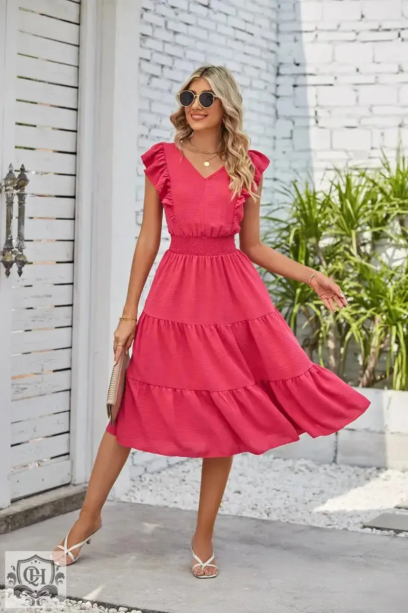 Sleeveless V-Neck Waist Pleated Dress