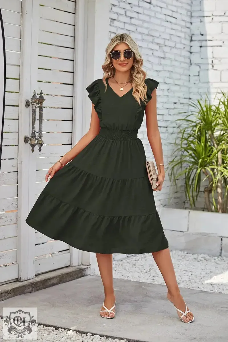Sleeveless V-Neck Waist Pleated Dress