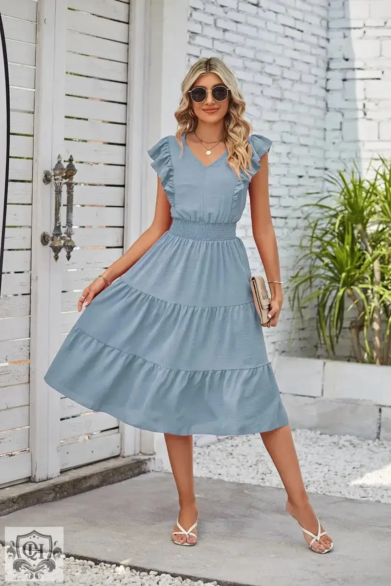 Sleeveless V-Neck Waist Pleated Dress