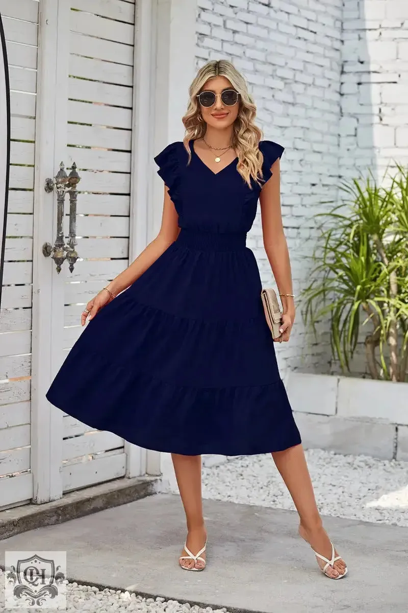 Sleeveless V-Neck Waist Pleated Dress
