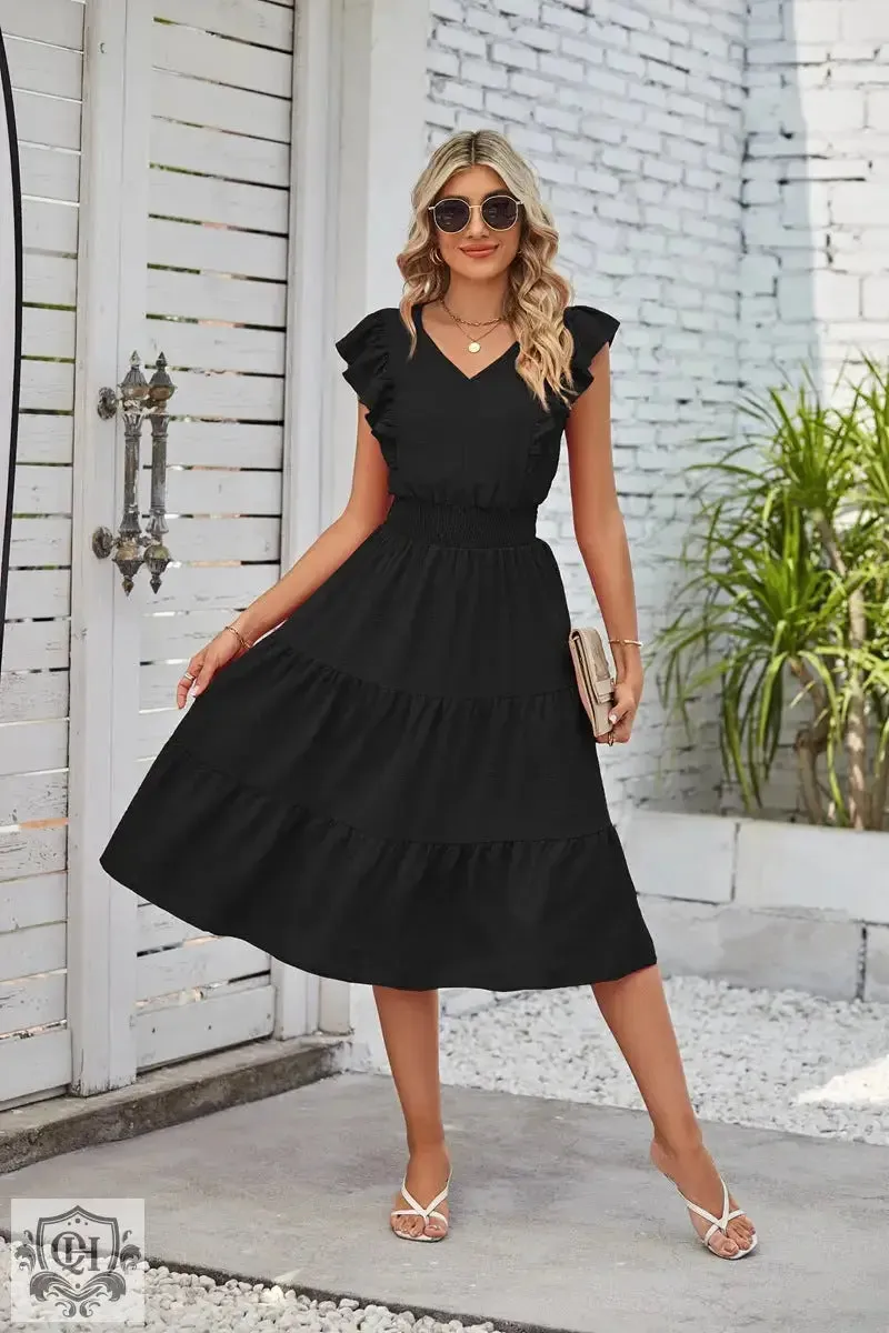 Sleeveless V-Neck Waist Pleated Dress