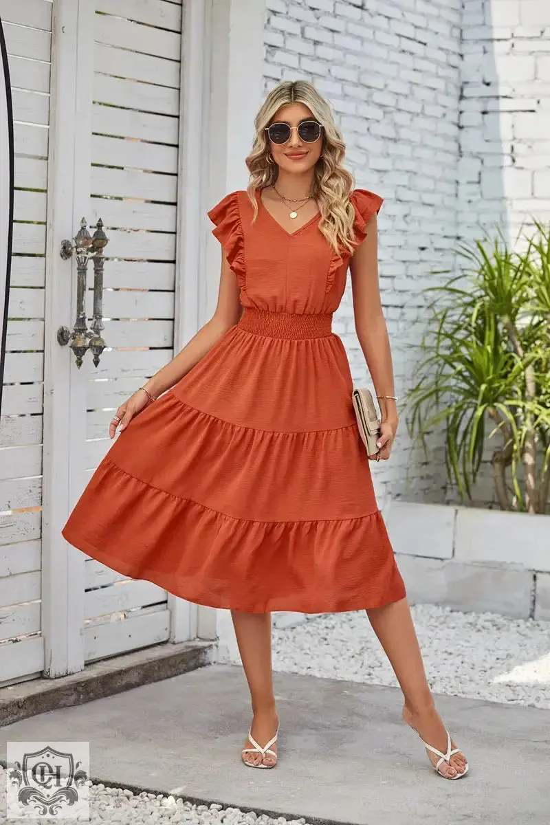 Sleeveless V-Neck Waist Pleated Dress