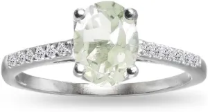 Sterling Silver Very Light Green Amethyst and White Topaz Oval Crown Ring