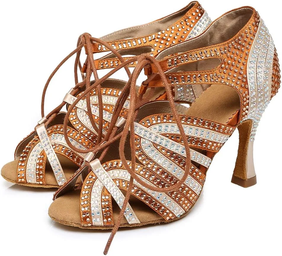 SWDZM Rhinestone Dance Shoes Women Latin Salsa Ballroom Bachata Performance Practice Dancing Shoes,Model-YCL450