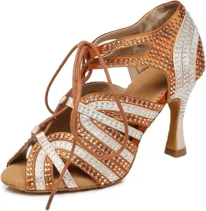 SWDZM Rhinestone Dance Shoes Women Latin Salsa Ballroom Bachata Performance Practice Dancing Shoes,Model-YCL450