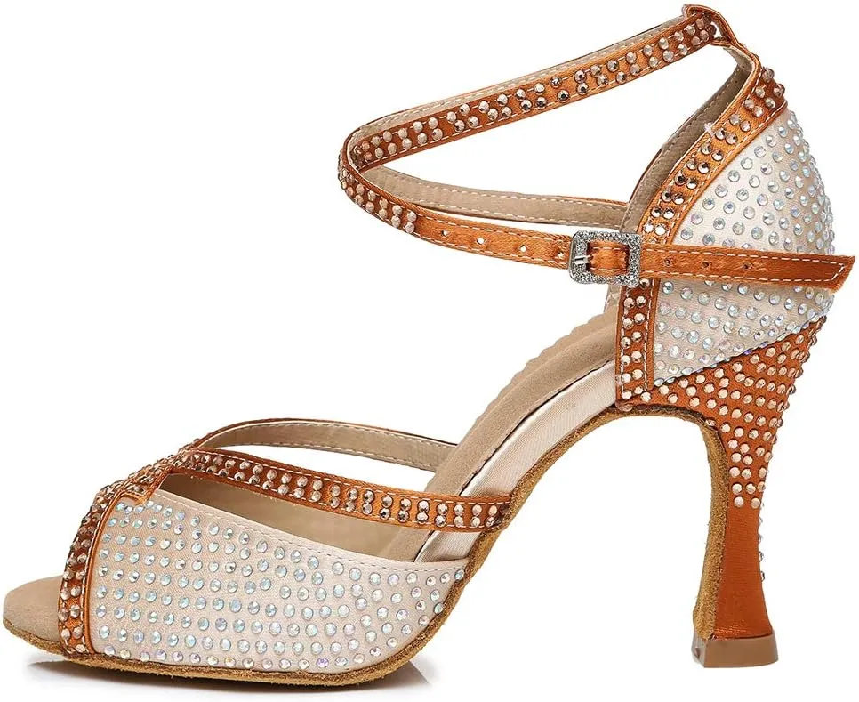 SWDZM Rhinestone Dance Shoes Women Latin Salsa Ballroom Bachata Performance Practice Dancing Shoes,Model-YCL450