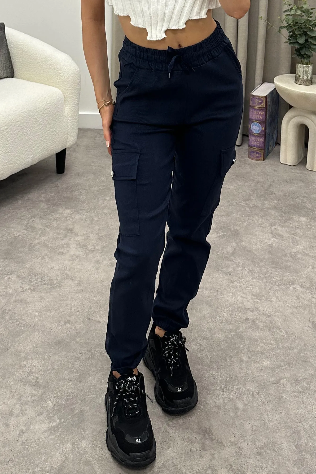 Talina Navy Pocket Detail Drawstring Cargo Trousers