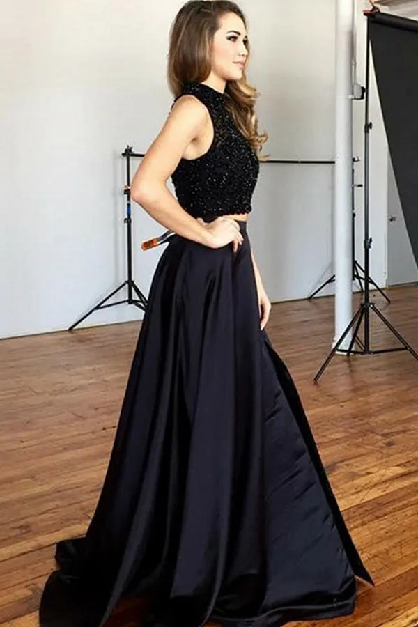 Two Piece Jewel Sweep Train Black Split Satin Prom Dress with Beading LR384