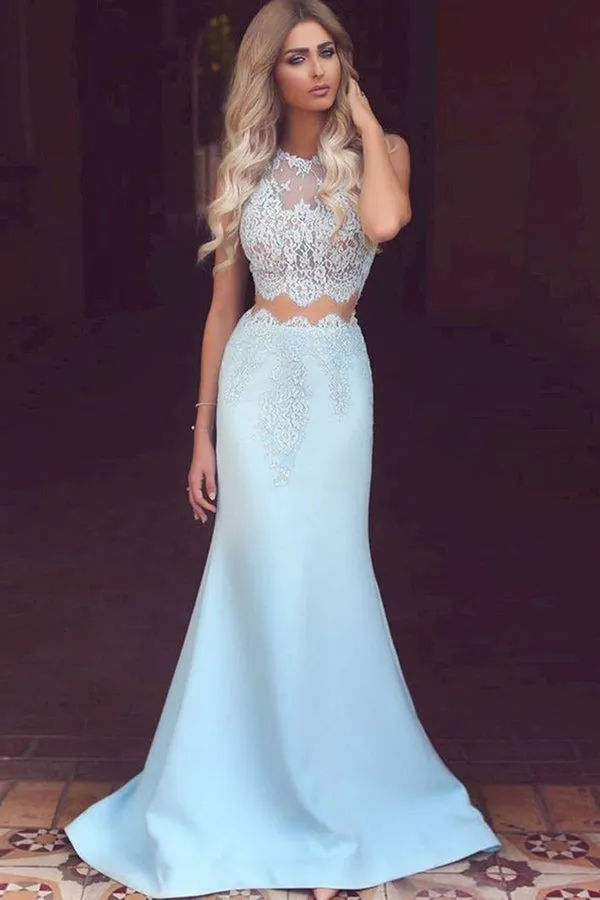 Two Piece Jewel Sweep Train Blue Satin Sleeveless Prom Dress with Appliques Lace LR59