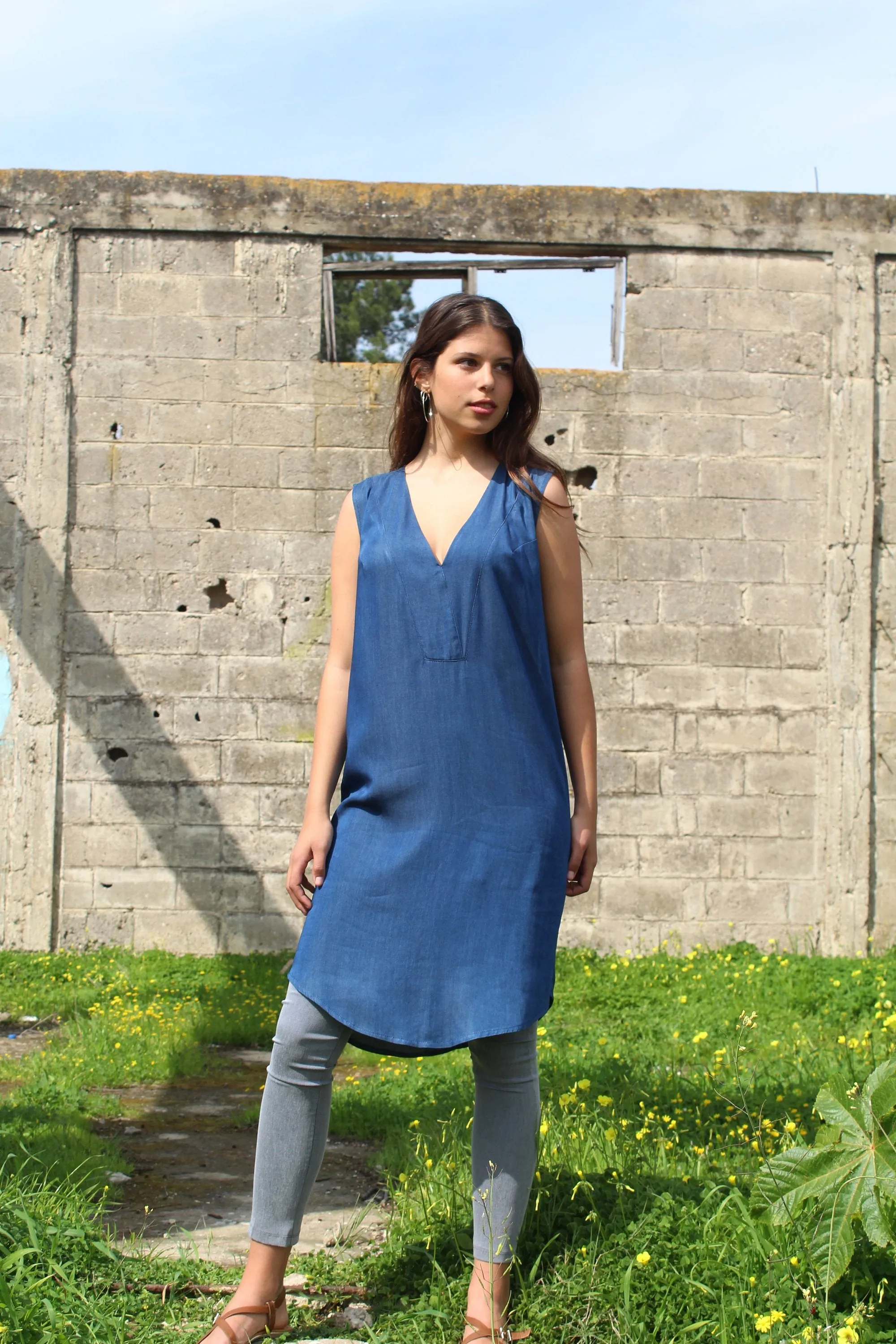 V Neck Denim Dress