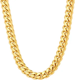 VEXXS Cuban Link Chain Flat Cut, 18K Real Gold Plated Necklace, Durable No Color Fading 10mm 12mm Men's Street Wear Hip Pop Urban Fashion Cuban Necklace