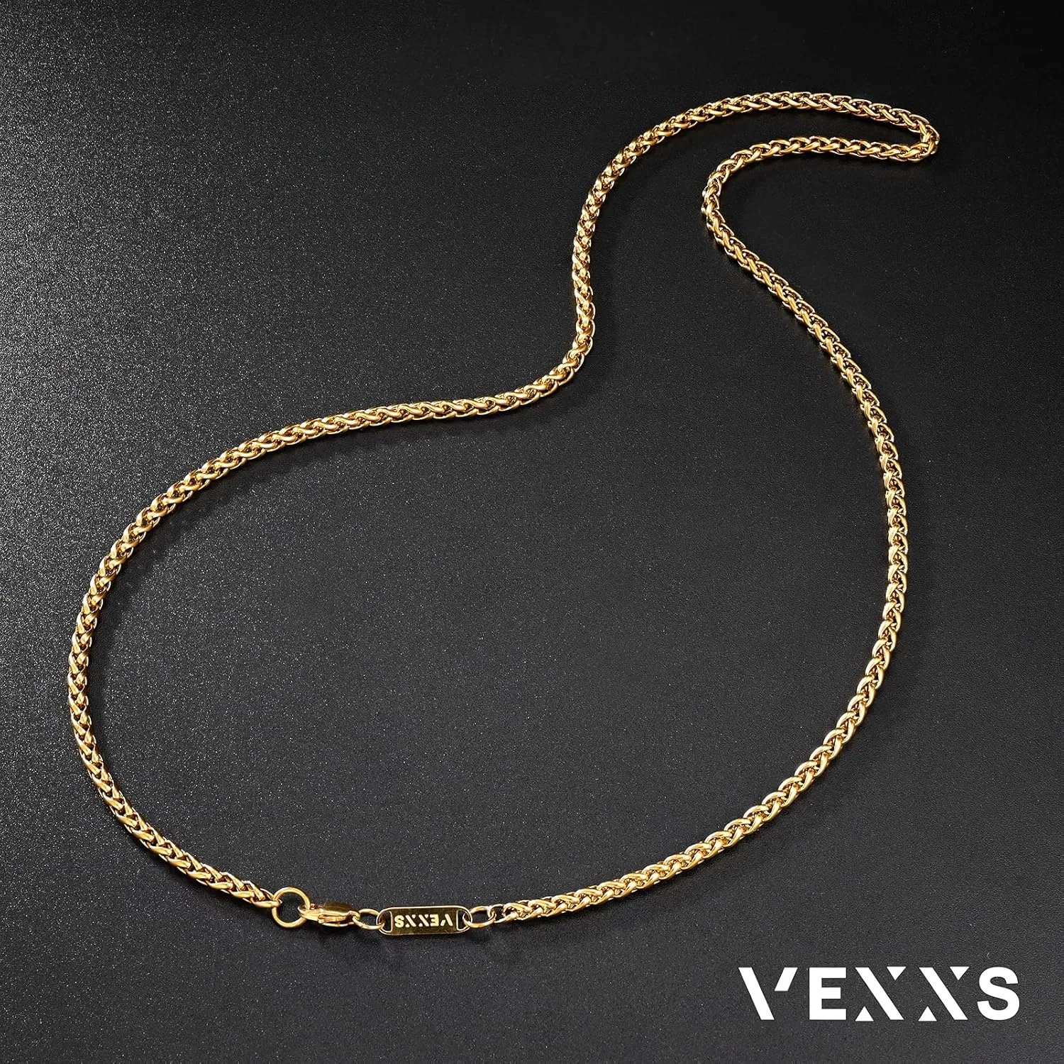 VEXXS Wheat Chain, 18K Real Gold Plated Mens Necklace Gold Chain, Durable No Color Fading 3mm 4mm Miami Cuban Link Chain Urban Fashion Street Wear