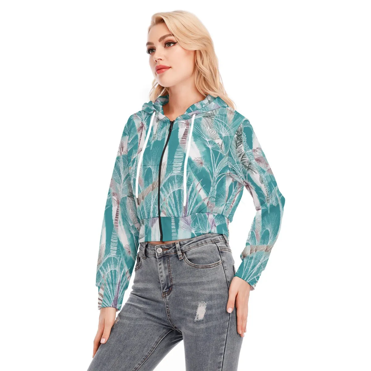 Vibrant Green Floral Crop Hoodie Crop Top Hoodie With Zipper Closure