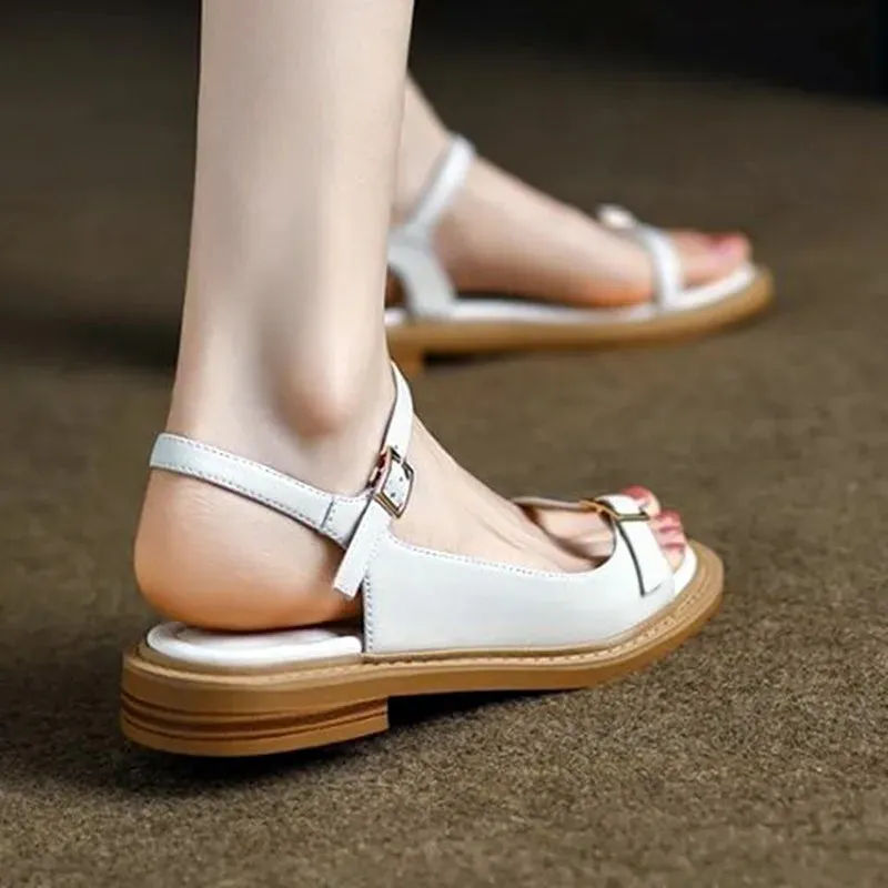 Wenkouban Summer Retro Roman Sandals Women Simple Type Open Toe Flat Sandals Fashion Buckle Low Heel Comfortable Dress Shoes for Women