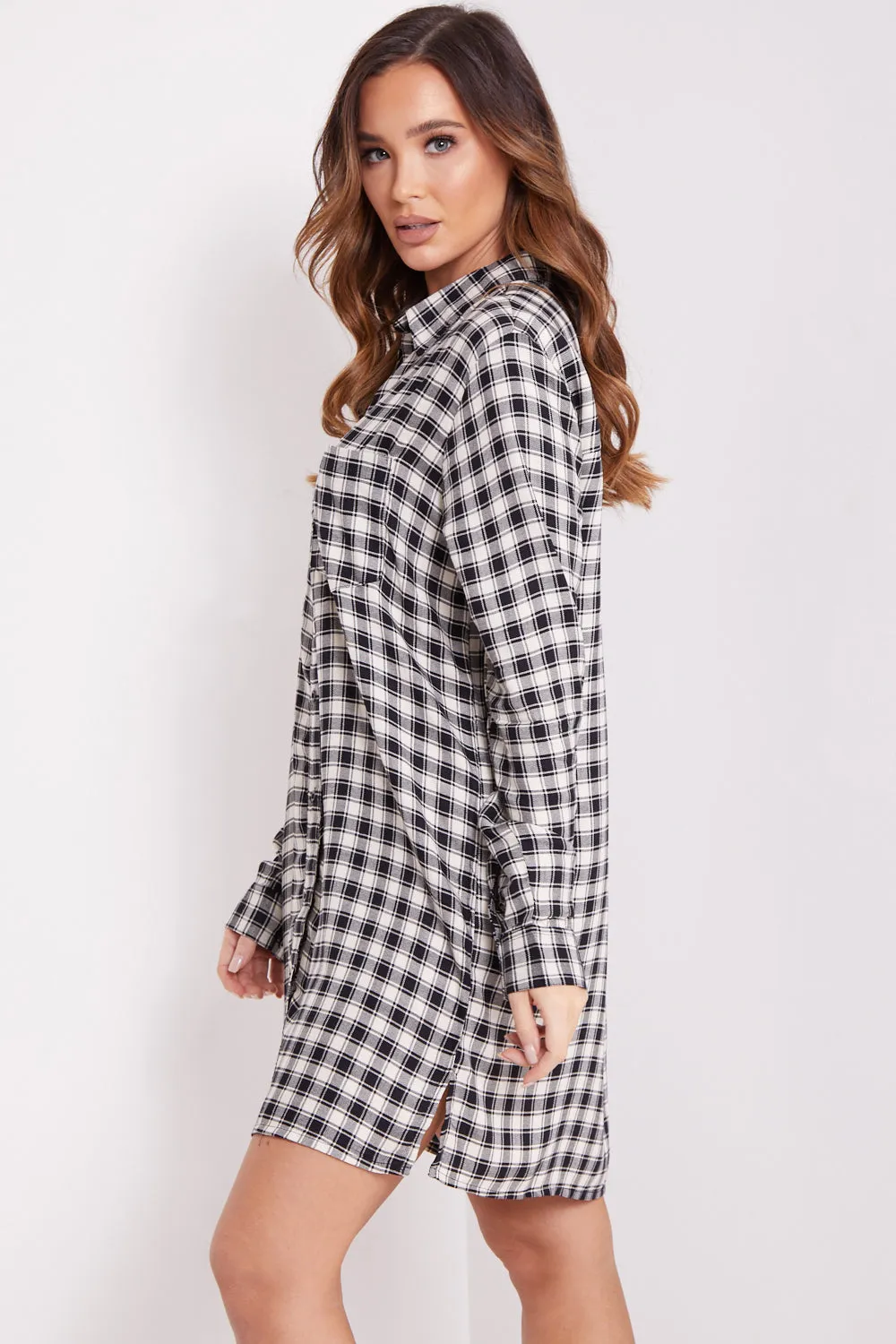 White and Black Check Button Shirt Dress