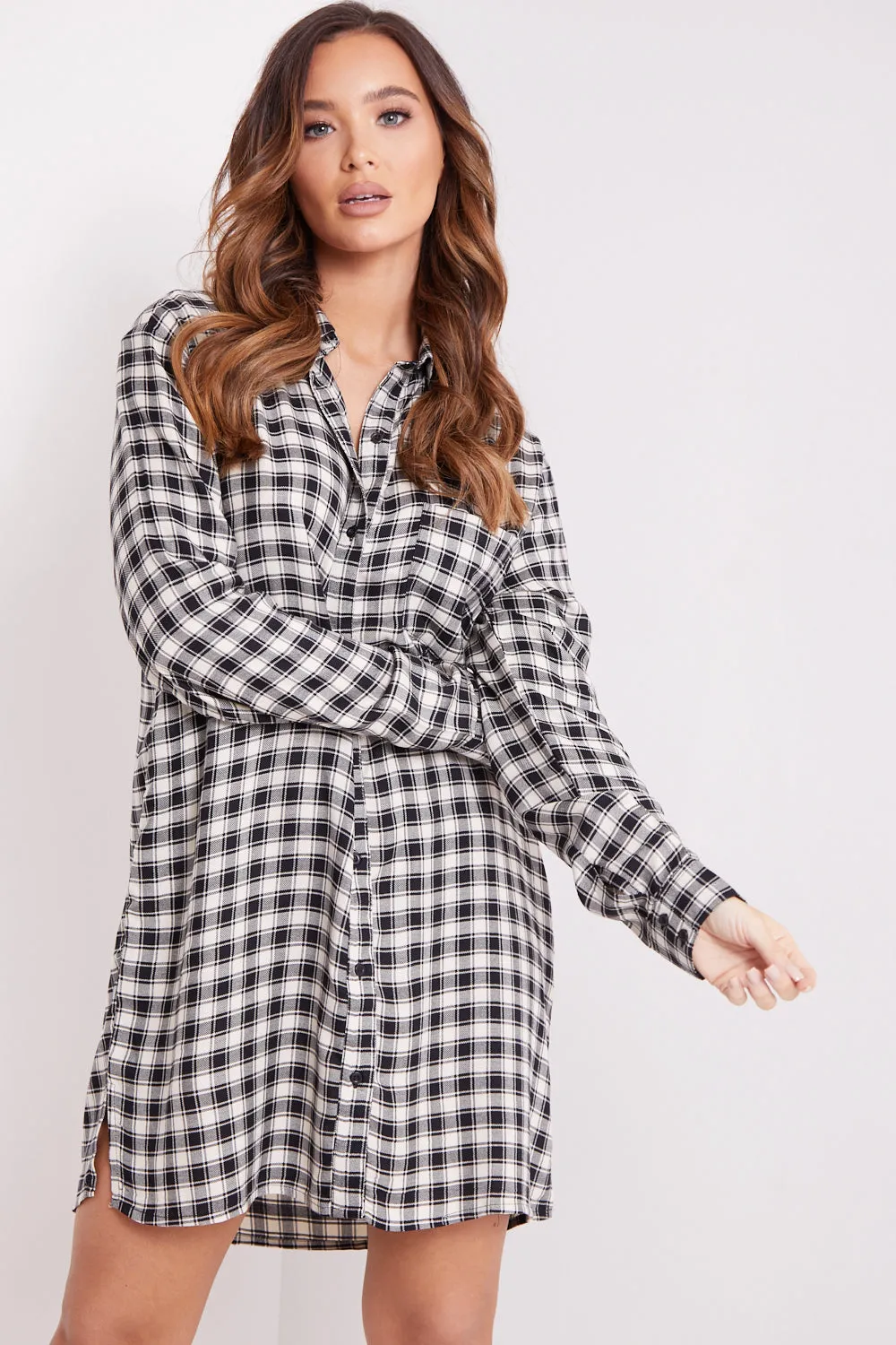 White and Black Check Button Shirt Dress