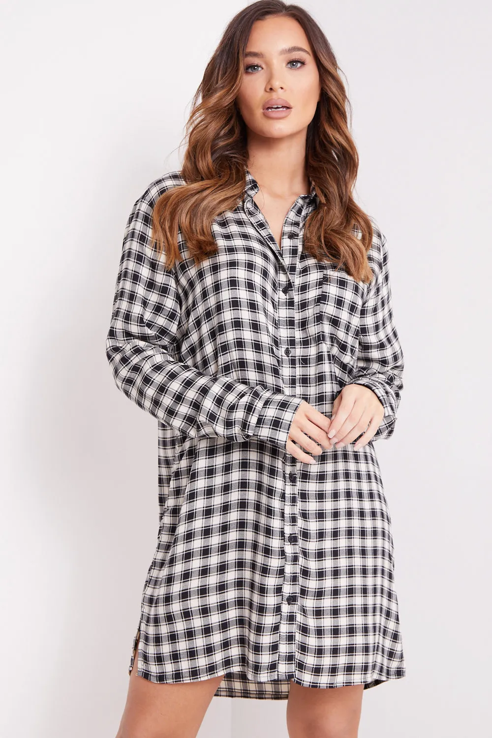 White and Black Check Button Shirt Dress