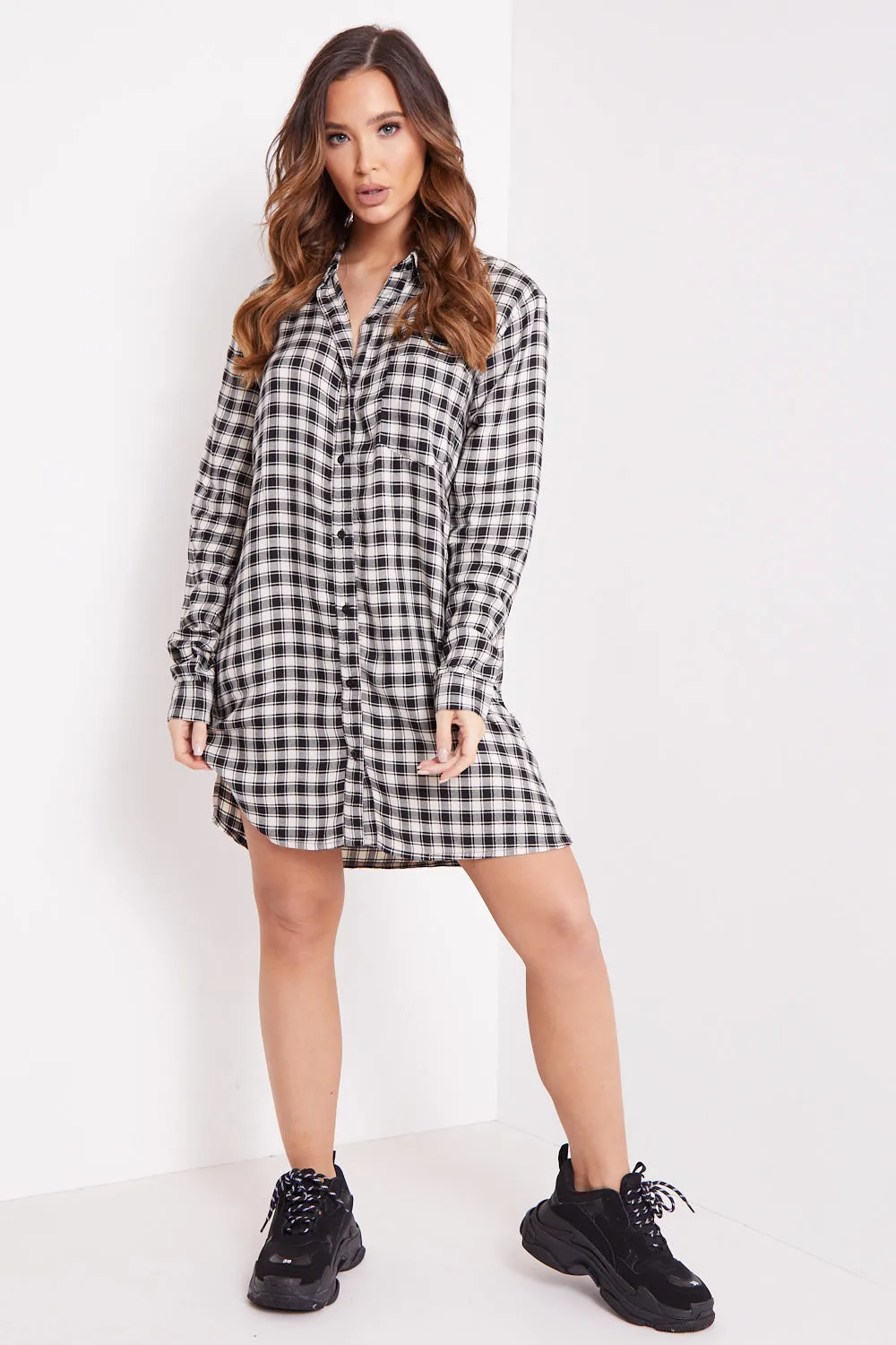 White and Black Check Button Shirt Dress