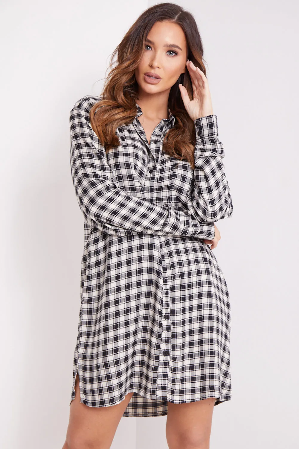 White and Black Check Button Shirt Dress