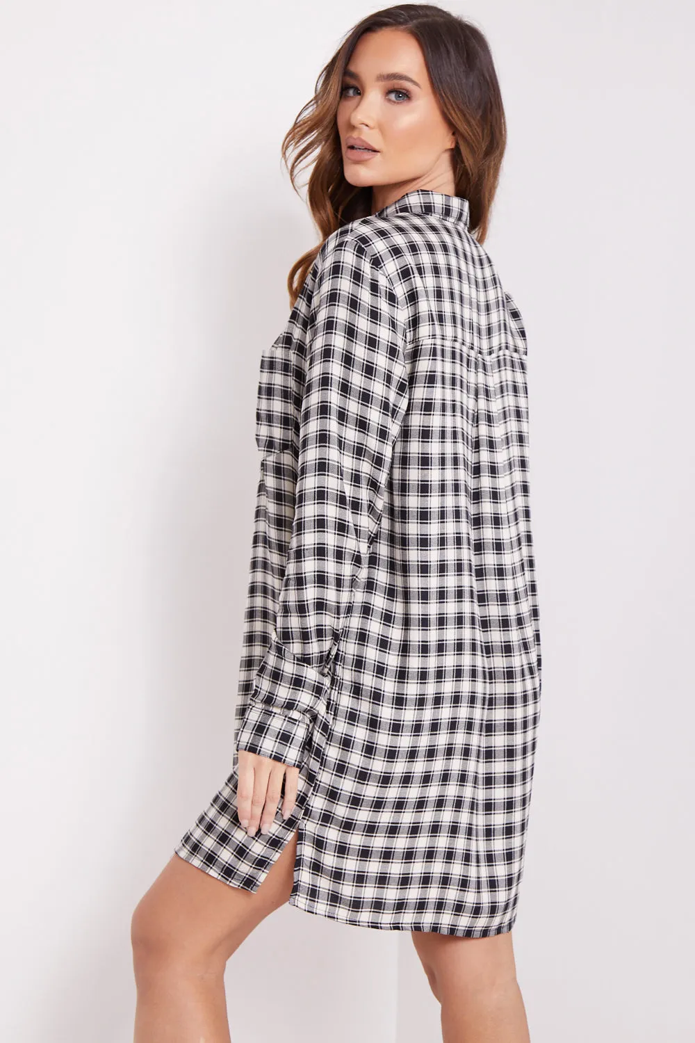 White and Black Check Button Shirt Dress