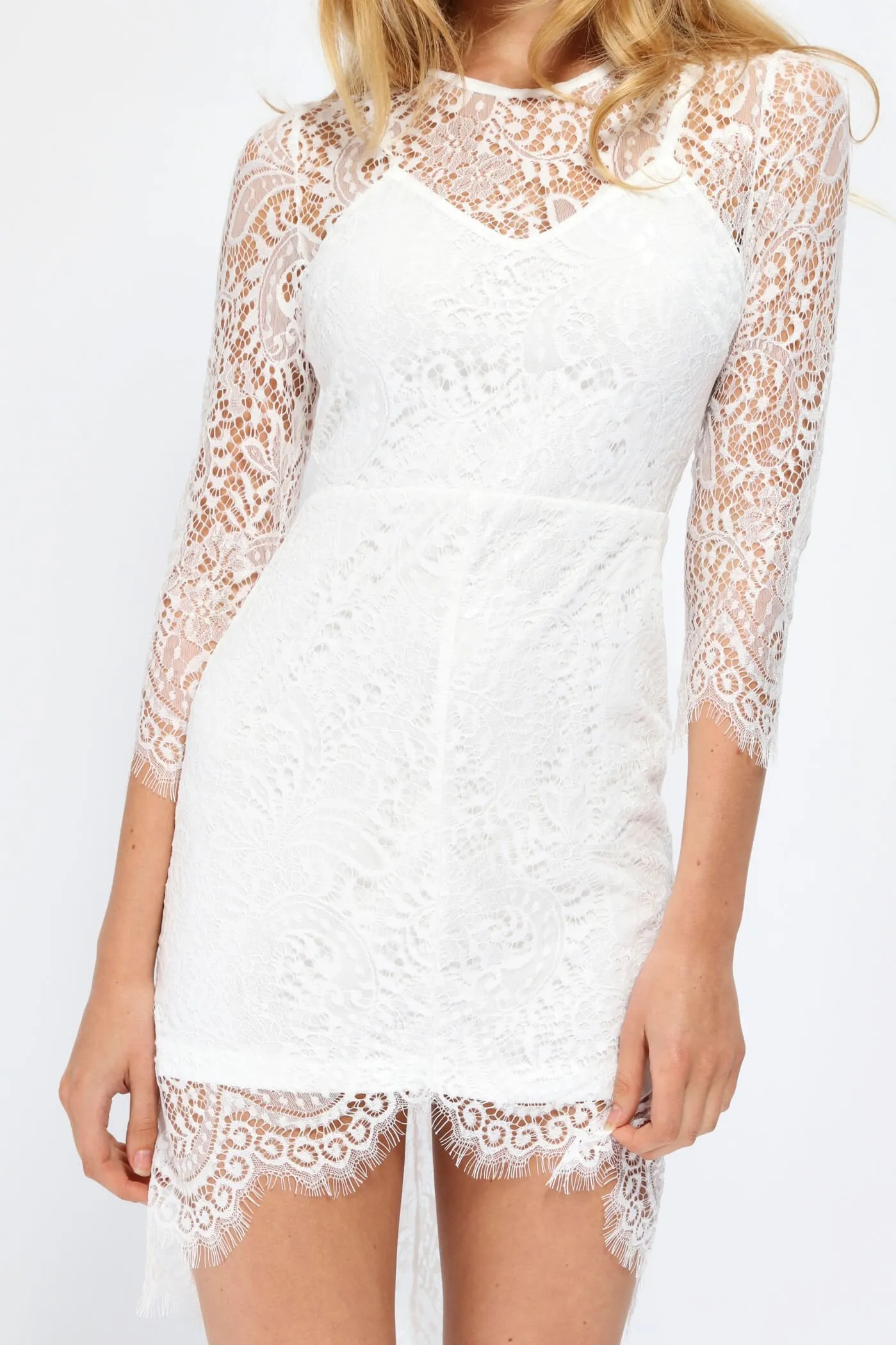 White Lace Long Sleeve Midi Dress With Scallop Hem