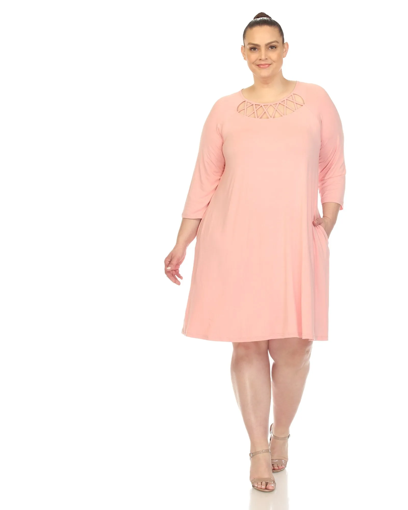 White Mark Women's  Criss Cross Neckline Swing Midi Dress | Rose