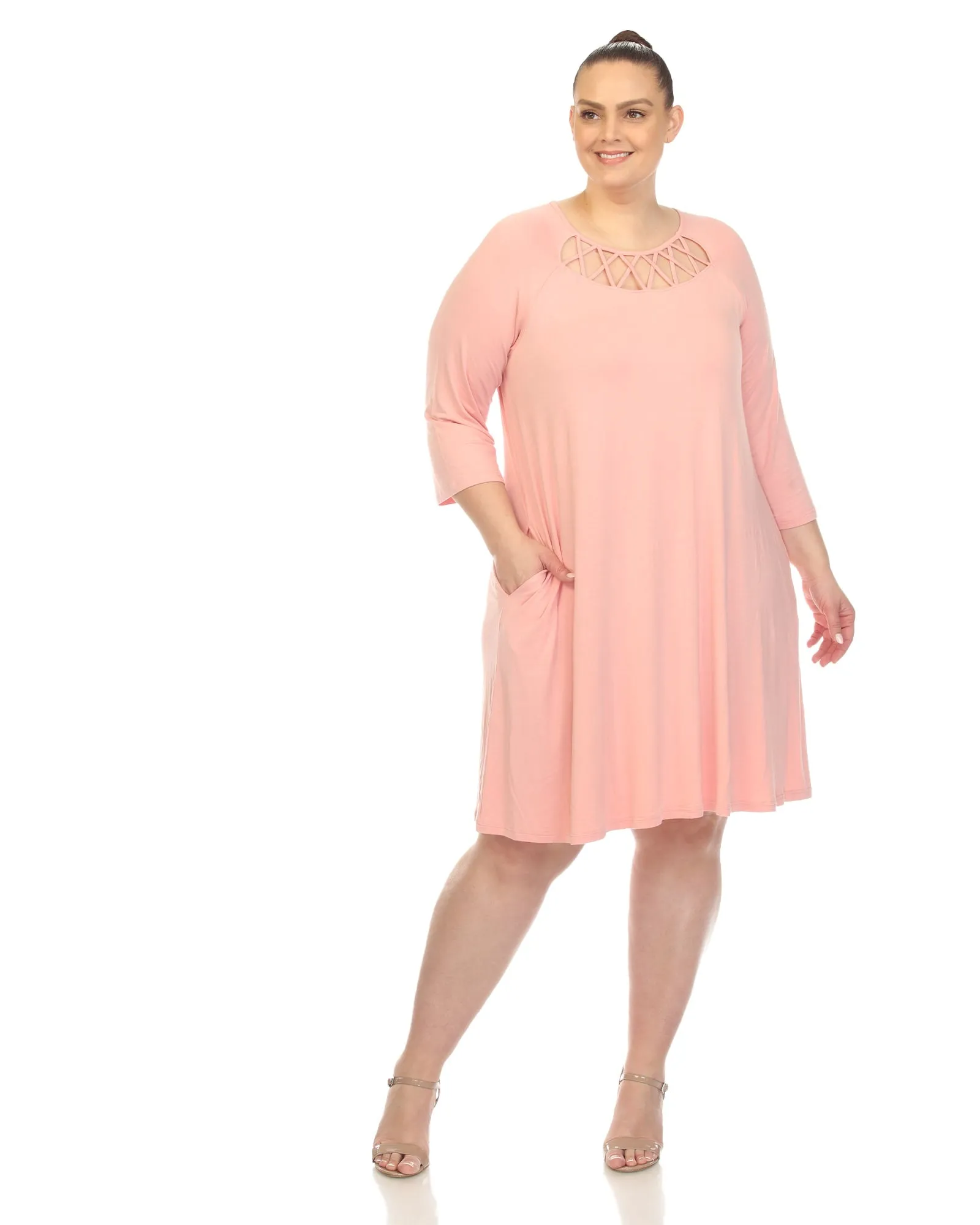 White Mark Women's  Criss Cross Neckline Swing Midi Dress | Rose