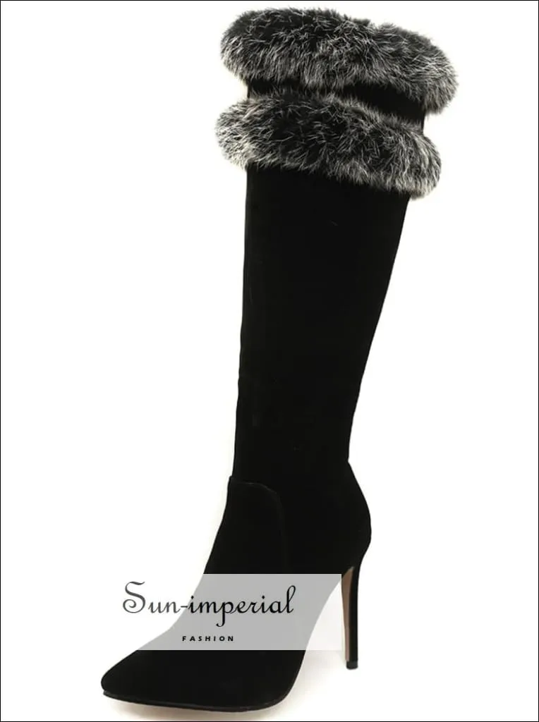 Women Apricot Pointed Toe Knee Boots with thin High Heels and Double Grey Fur detail Booties