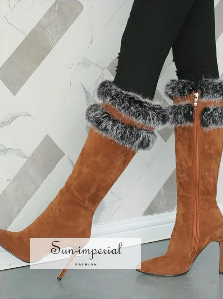Women Apricot Pointed Toe Knee Boots with thin High Heels and Double Grey Fur detail Booties