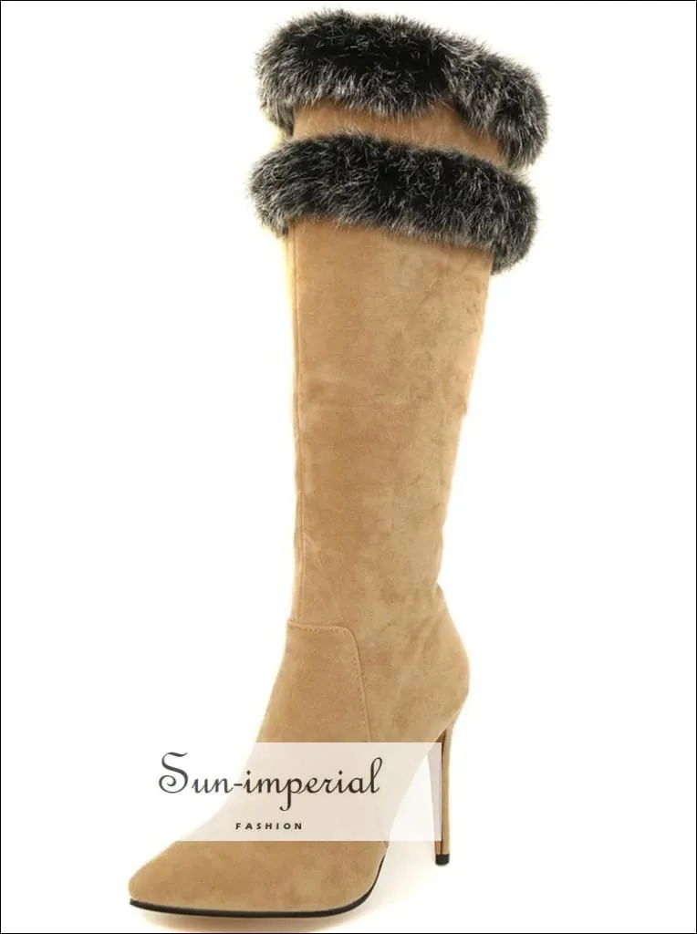 Women Apricot Pointed Toe Knee Boots with thin High Heels and Double Grey Fur detail Booties