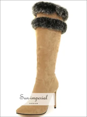 Women Apricot Pointed Toe Knee Boots with thin High Heels and Double Grey Fur detail Booties