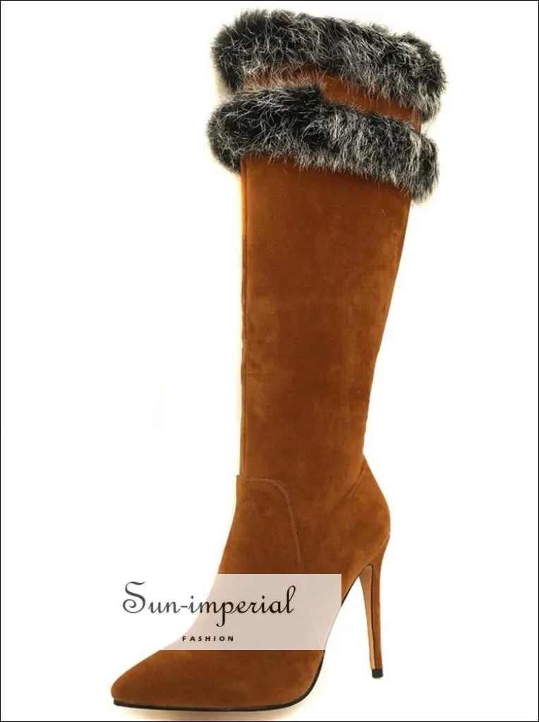 Women Apricot Pointed Toe Knee Boots with thin High Heels and Double Grey Fur detail Booties