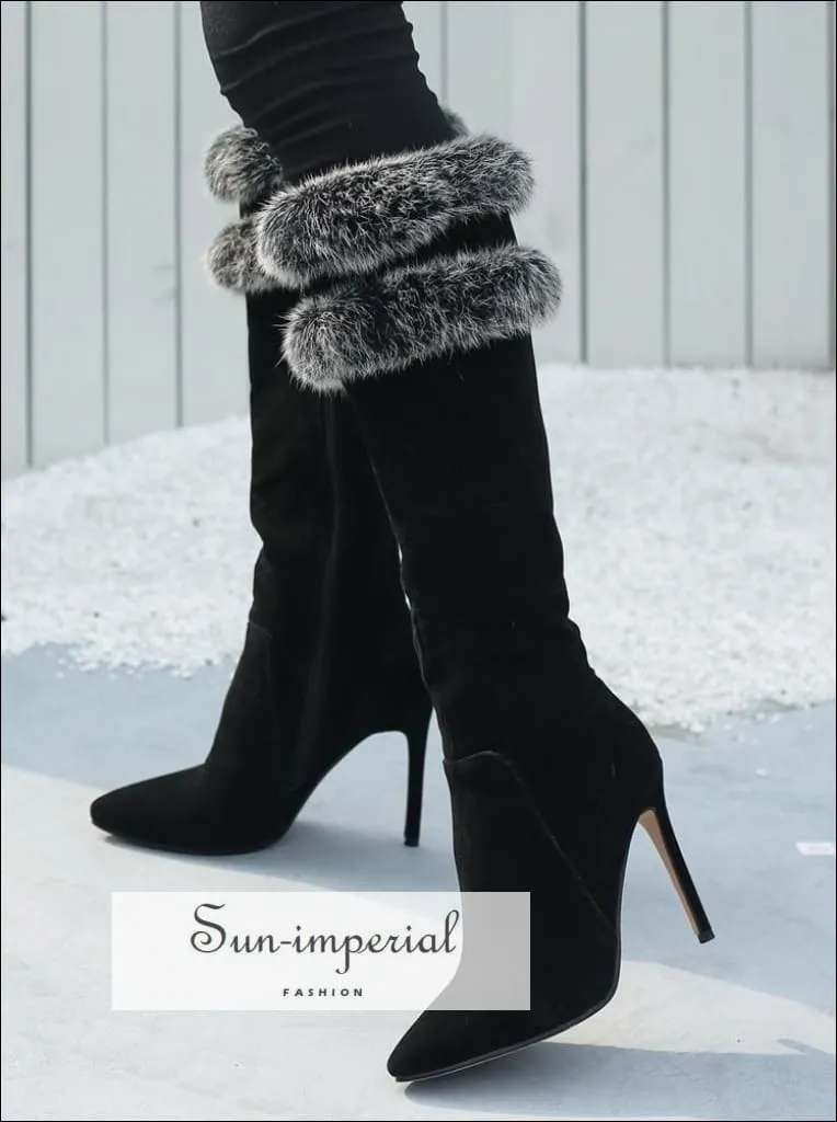 Women Apricot Pointed Toe Knee Boots with thin High Heels and Double Grey Fur detail Booties