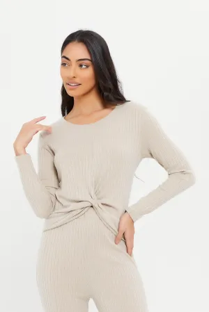 Women Ivory Twist Front  Ribbed Sweatshirt