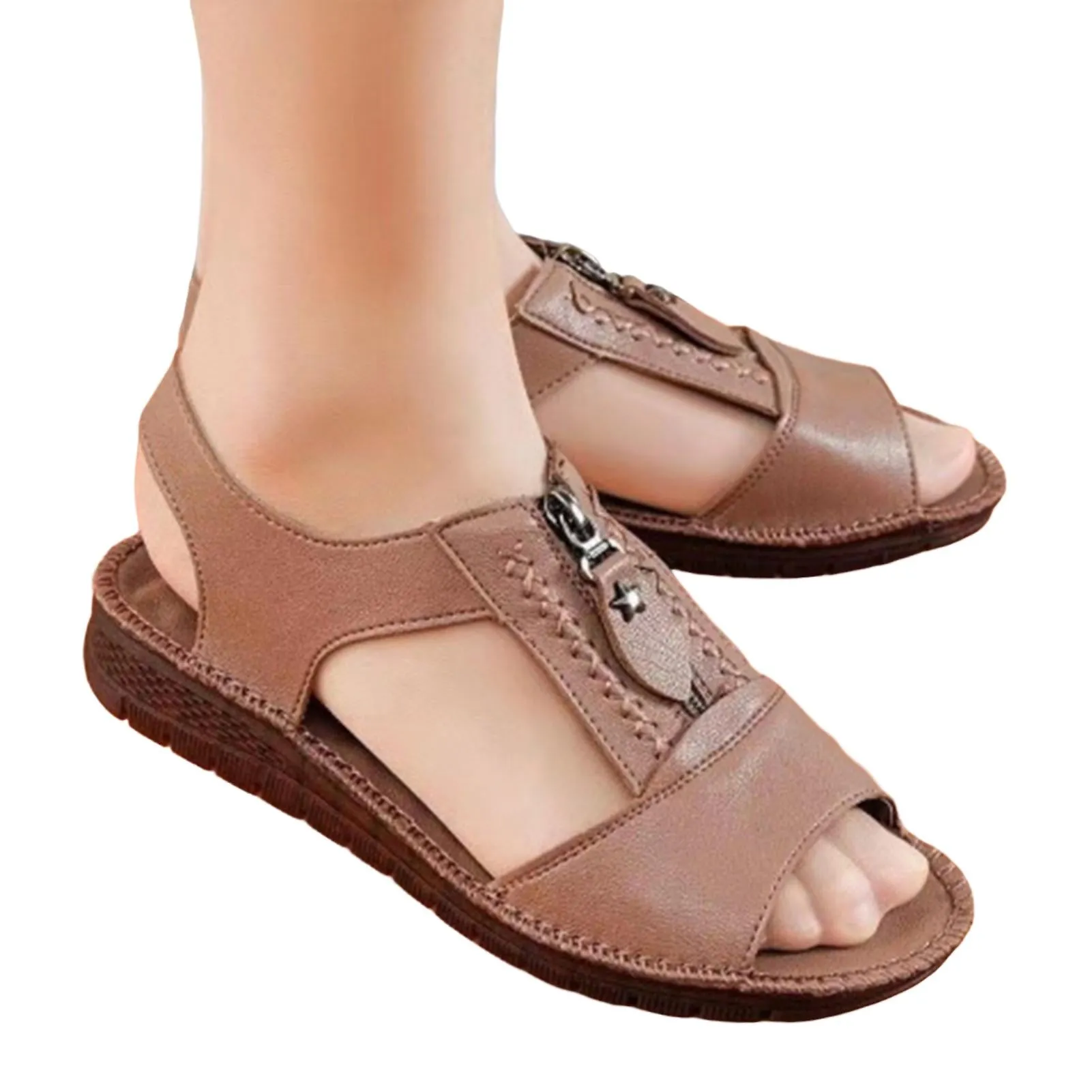 Women Zipper Sandals Flat PU Oxford Sole Comfortable Sandals Summer Casual Mother Shoes Solid   B93530