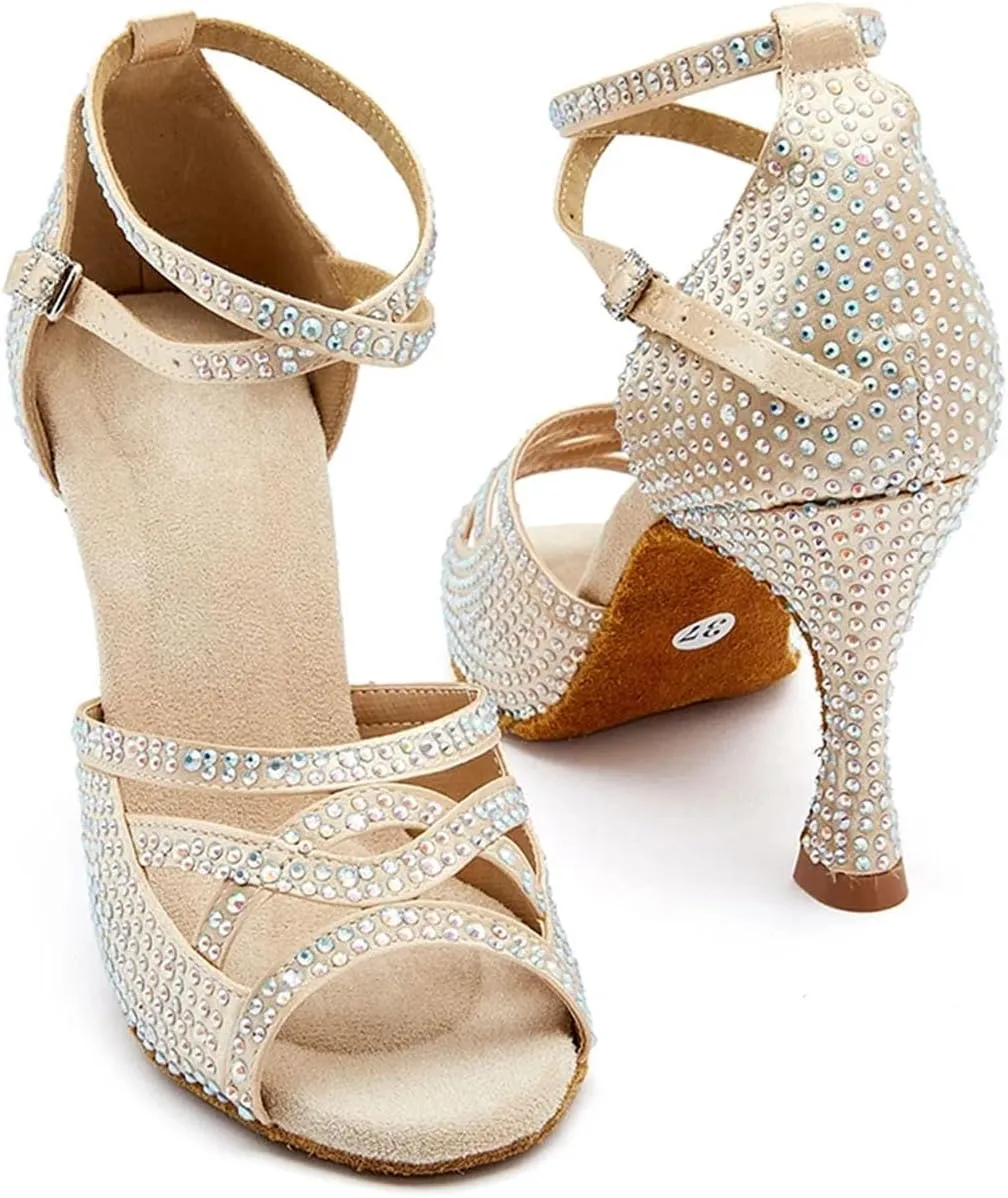 Women's Black Satin Dance Shoes - Rhinestone Ballroom Professional Sneakers, 5CM/2Inch Heel Height
