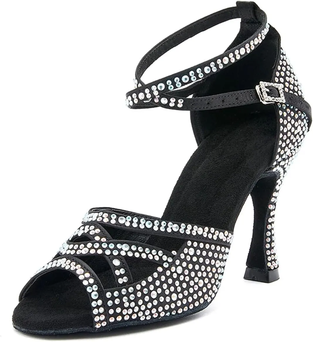 Women's Black Satin Dance Shoes - Rhinestone Ballroom Professional Sneakers, 5CM/2Inch Heel Height
