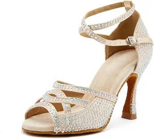 Women's Black Satin Dance Shoes - Rhinestone Ballroom Professional Sneakers, 5CM/2Inch Heel Height